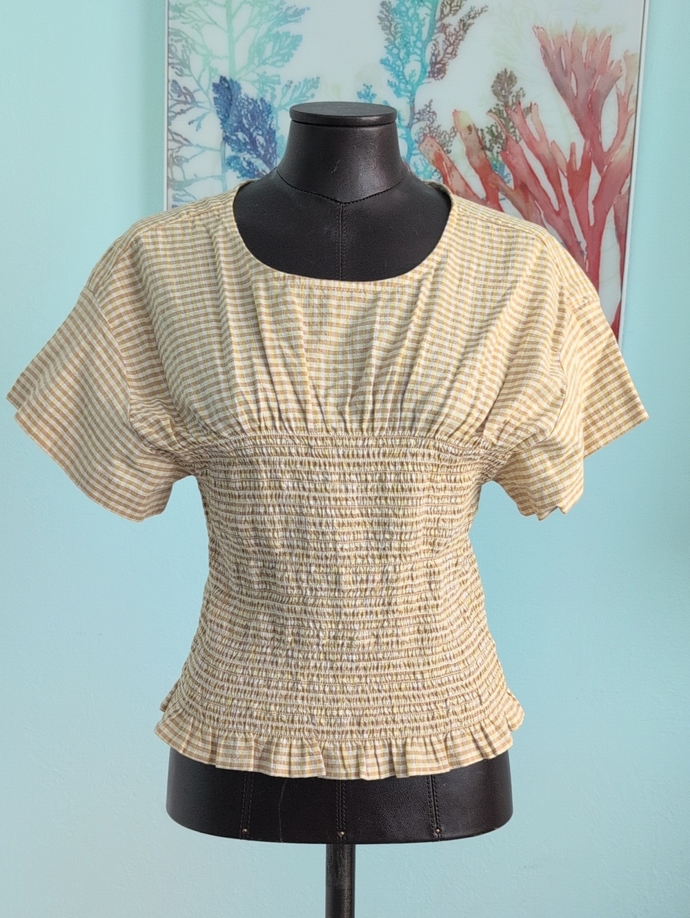 Madewell Yellow Gingham Smocked Short Sleeve Top NWT
